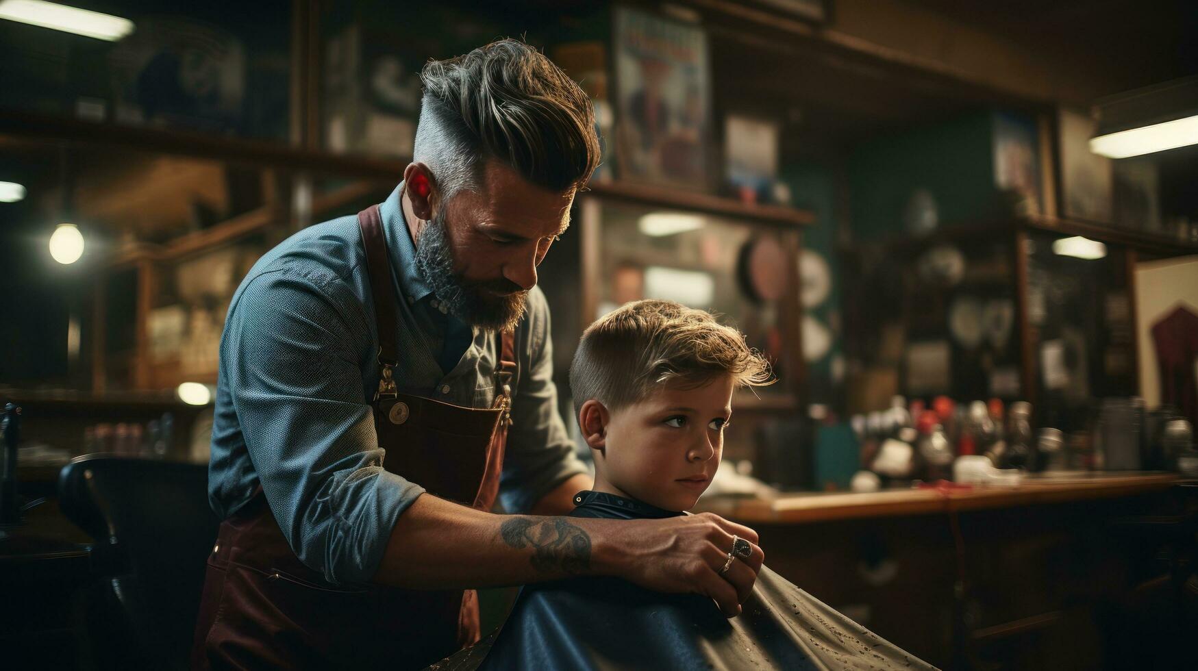 ein Barbier Trimmen ein Jungs Haar mit Schere foto