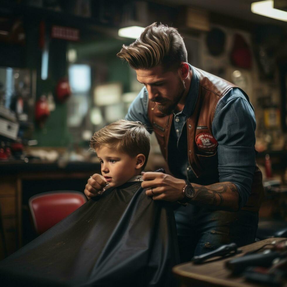 ein Barbier Trimmen ein Jungs Haar mit Schere foto