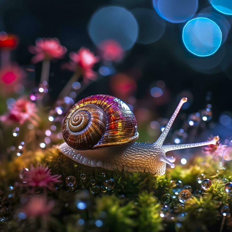 irisierend Schnecke im ein Fee Wald, schließen oben von ein schimmernd Hülse. ai generativ foto