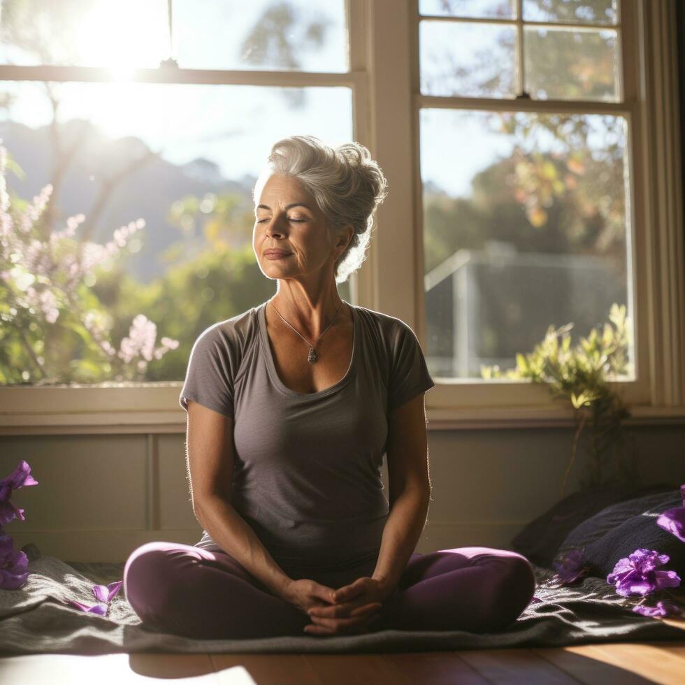 das Alten Frau ist Sitzung mit gekreuzten Beinen auf ein lila Yoga Matte foto