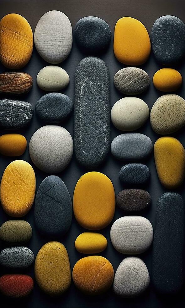 etwas bunt Steine sind angezeigt, dunkel Marine und Gelb, ai generativ foto