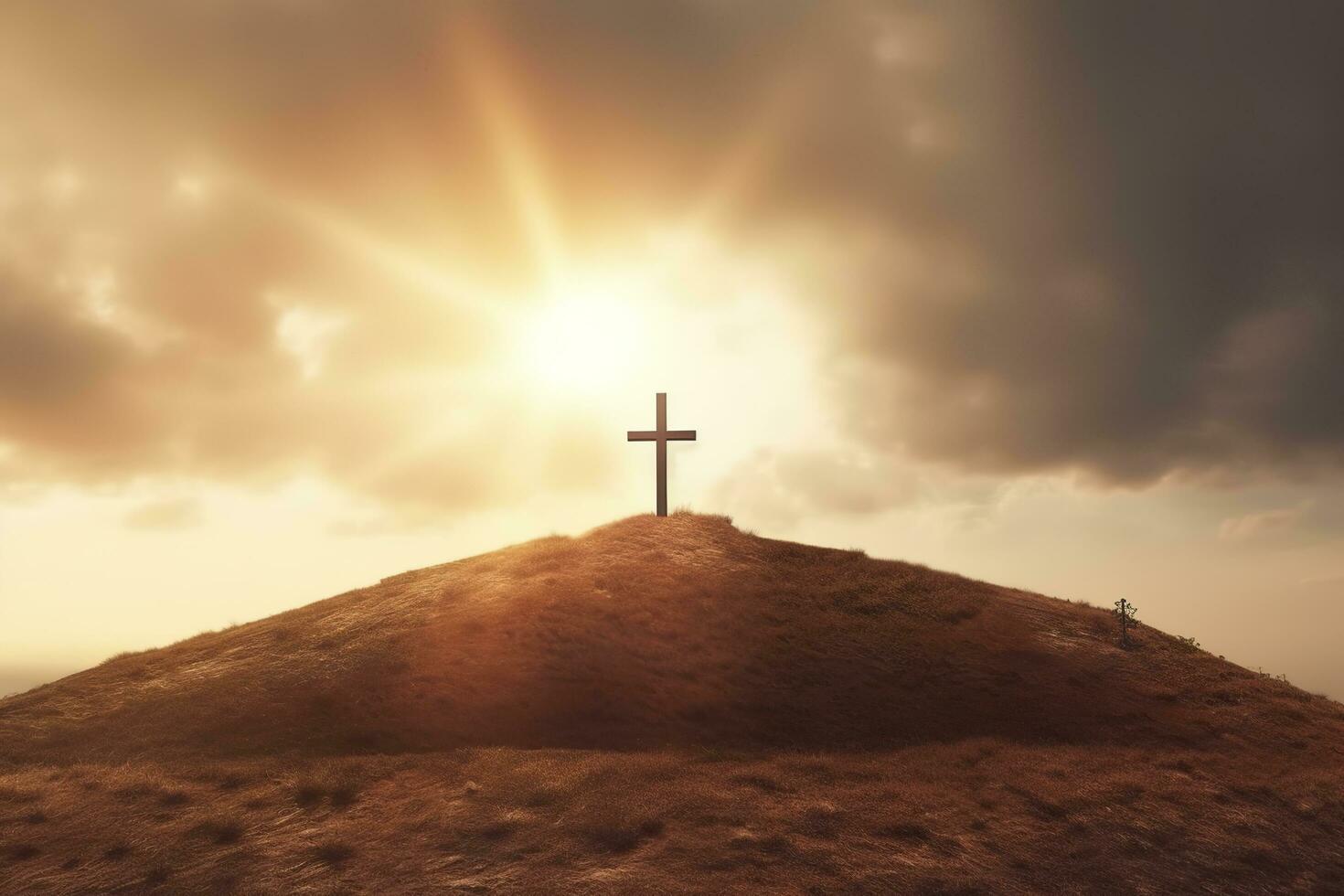 das Kreuz von Gott im das Strahlen von das Sonne. Kreuz auf das hügel. religiös Konzept. ai generativ foto