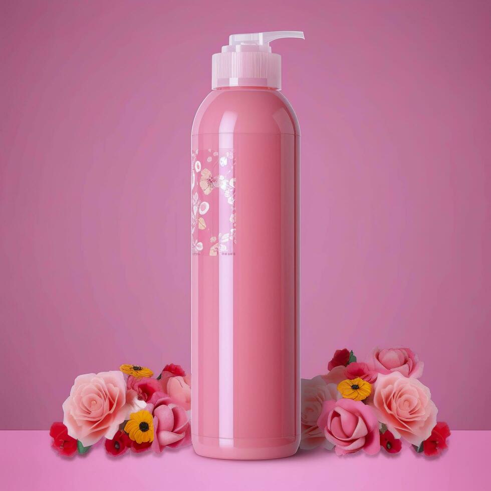 Amazonas Produkt Bild Körper waschen, Zylinder Flasche solide Farbe Rosa Hintergrund, mit Rosen, ai generativ foto