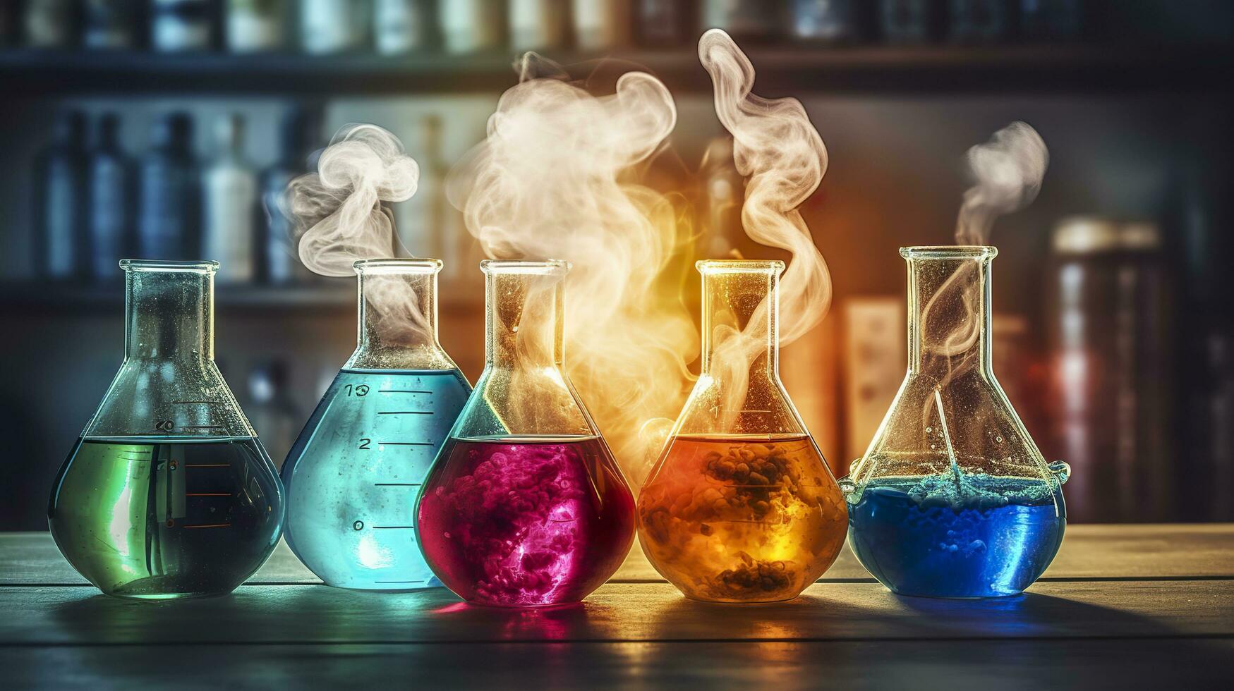 Chemie Experiment mit Labor Flaschen. ai generativ foto