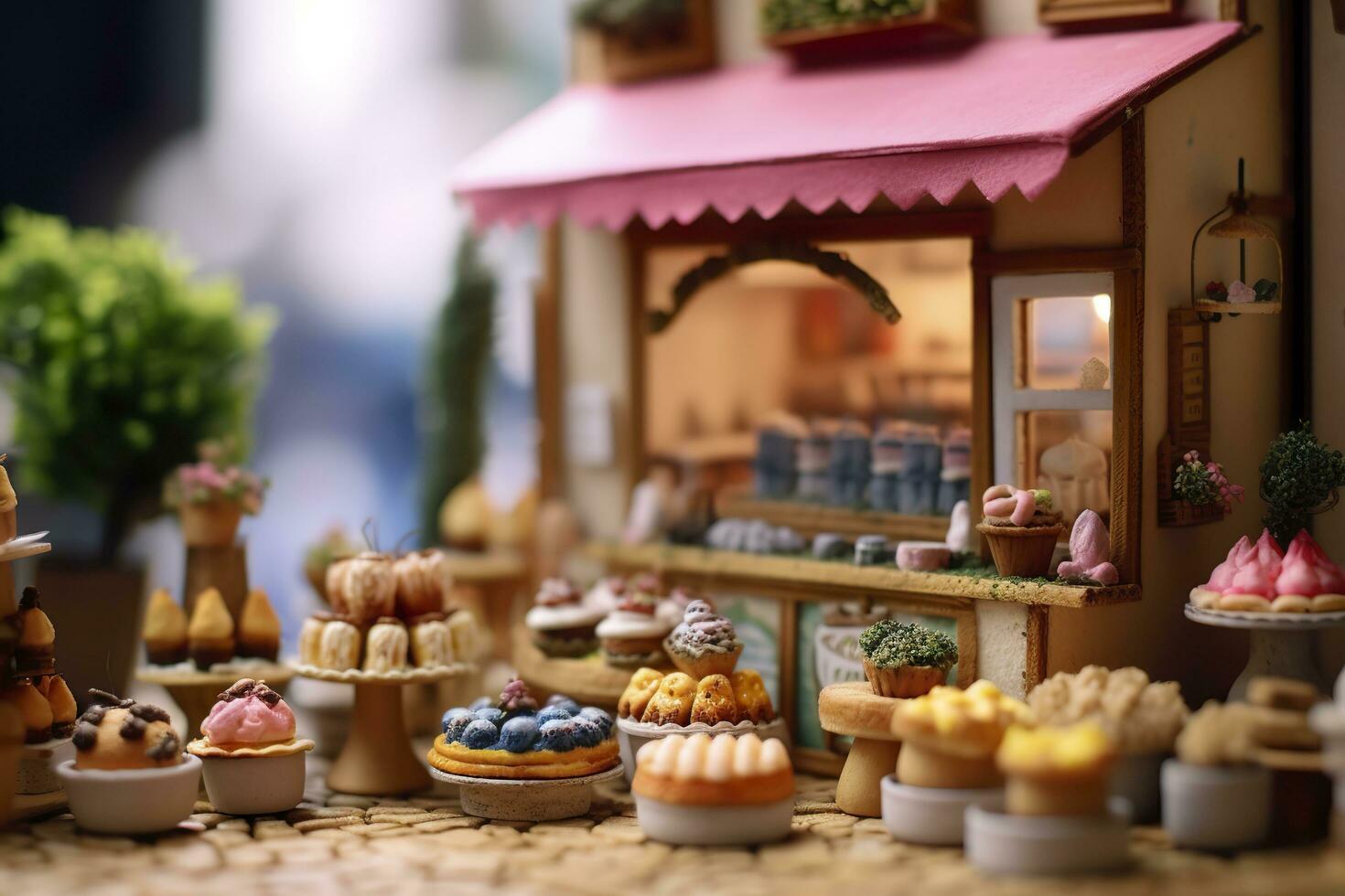 ein Geschmack von Süße. ein Pop Mart Blindbox Kuchen Geschäft mit ein sauber Hintergrund. ai generativ foto