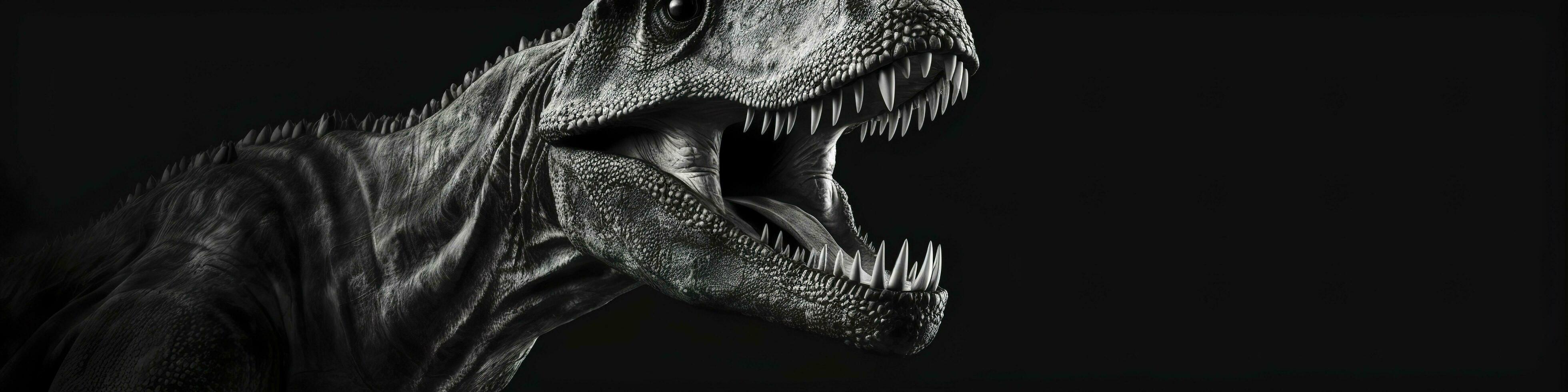 schwarz und Weiß fotorealistisch Studio Porträt von ein Tyrannosaurus rex auf schwarz Hintergrund. generativ ai foto