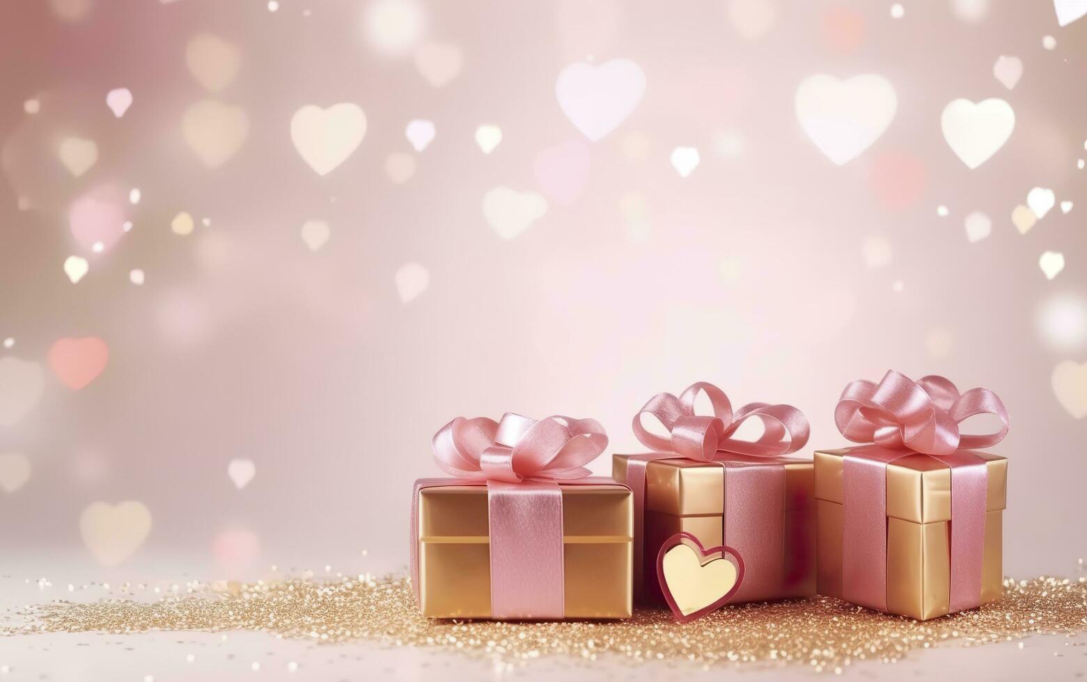 glücklich Valentinsgrüße Tag Banner. Rosa und Gold Herzen vereiteln Luftballons mit Geschenke auf Rosa Bokeh. Valentinstag Tag Hintergrund. romantisch Banner Hintergrund, leeren Raum zum Text, ai generativ foto