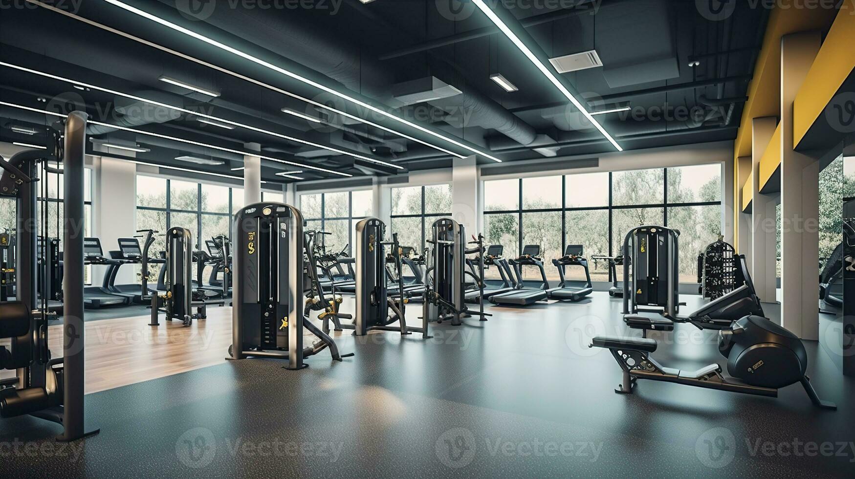 innerhalb Fitnessstudio mit modern Fitness Ausrüstung zum Fitness Veranstaltungen und mehr. modern von Fitnessstudio Innere mit Ausrüstung. Sport Ausrüstung im das Fitnessstudio. erstellt mit generativ ai foto