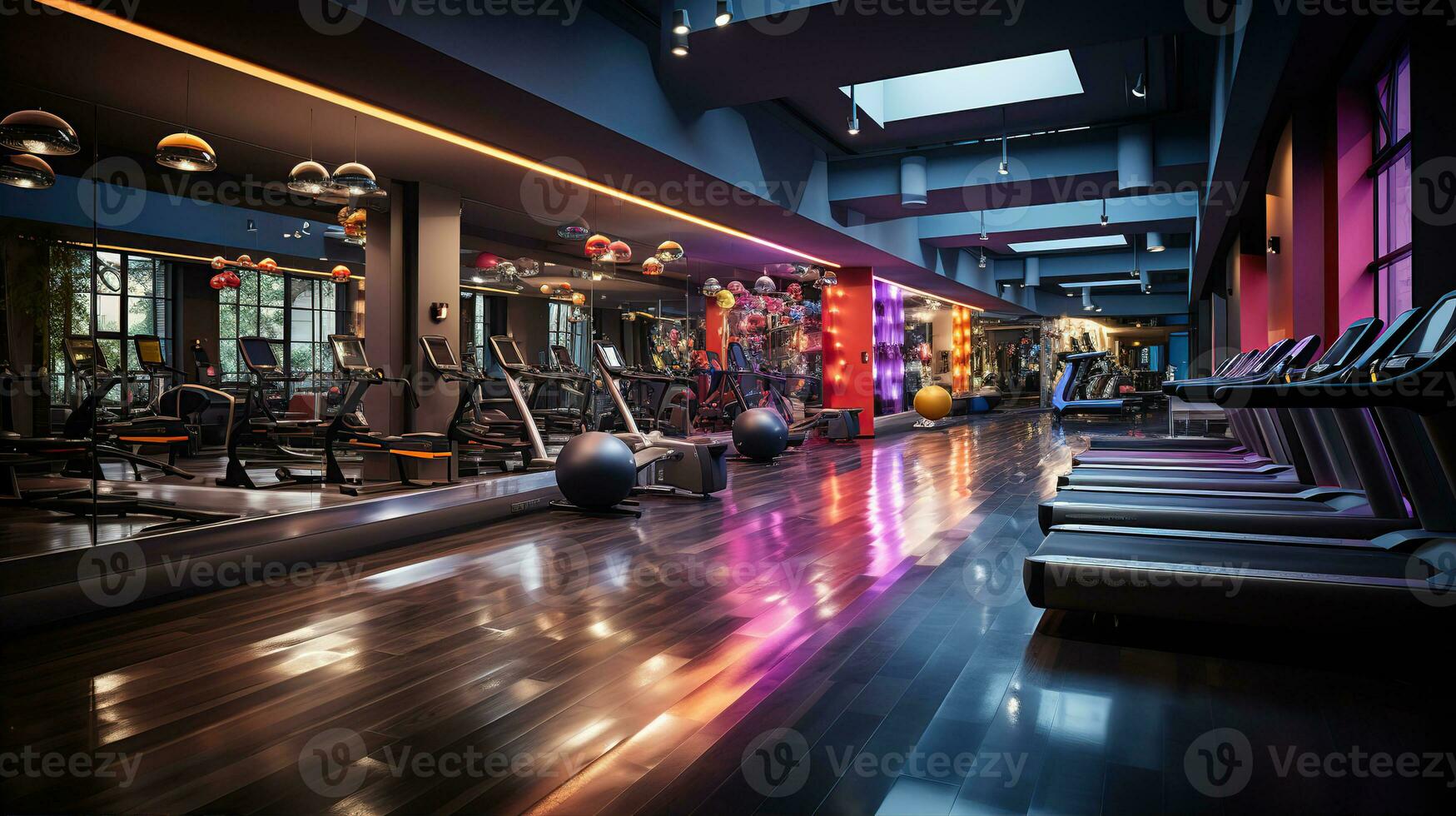 innerhalb Fitnessstudio mit modern Fitness Ausrüstung zum Fitness Veranstaltungen und mehr. modern von Fitnessstudio Innere mit Ausrüstung. Sport Ausrüstung im das Fitnessstudio. erstellt mit generativ ai foto