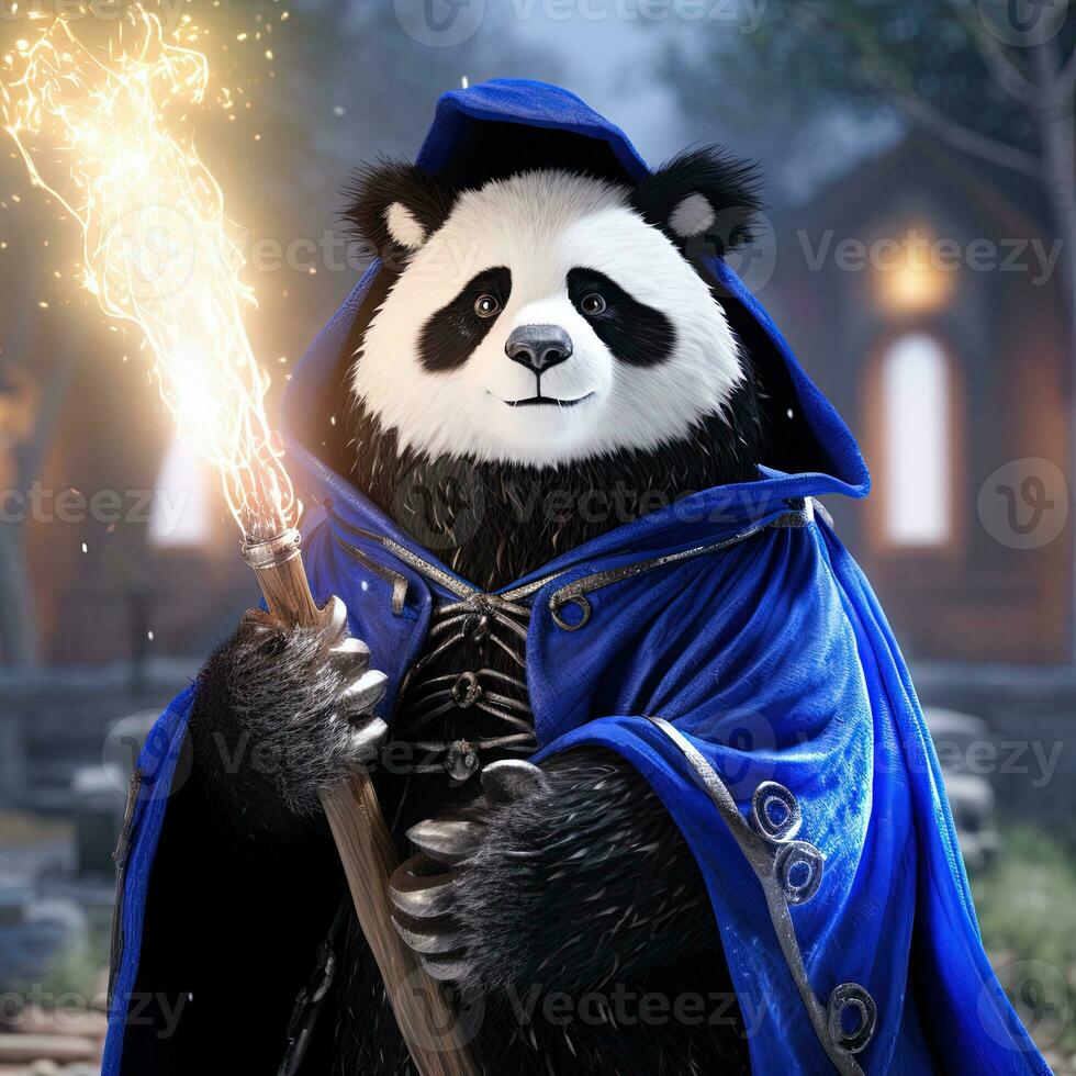 ein Panda gekleidet oben wie ein mittelalterlich Krieger. Karikatur Charakter. ai generativ foto