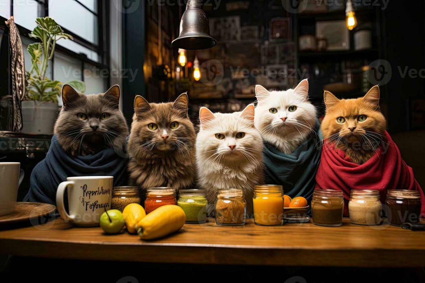 Katzen im ein Cafe Katzen Versammlung im ein Cafe mit Lebensmittel ai generativ foto