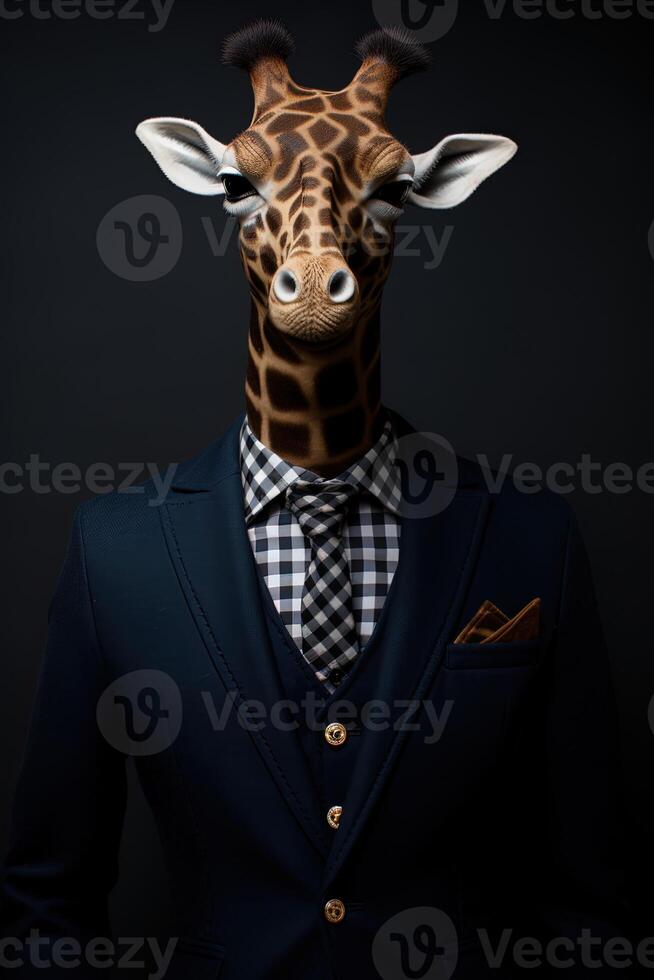 Porträt von ein Giraffe im ein passen und Krawatte auf ein schwarz Hintergrund. anthropomorph giraffe.ai generativ foto