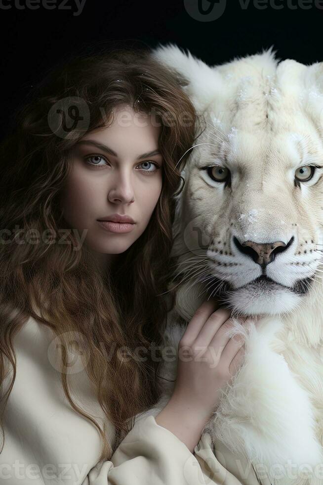 Porträt von ein schön Frau mit ein Weiß Löwe. Schönheit, Mode. ai generativ foto