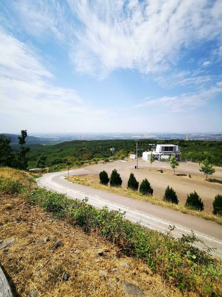 Foto von ein szenisch Aussicht von ein Wicklung Straße von ein malerisch Hügel