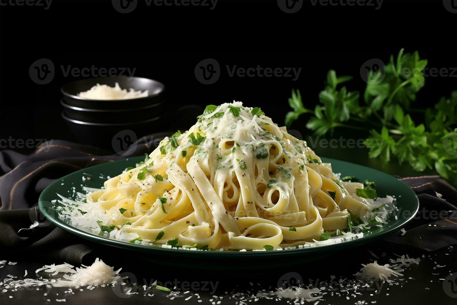 Teller von Fettuccine Alfredo gekrönt mit Parmesan Käse. ai generiert foto