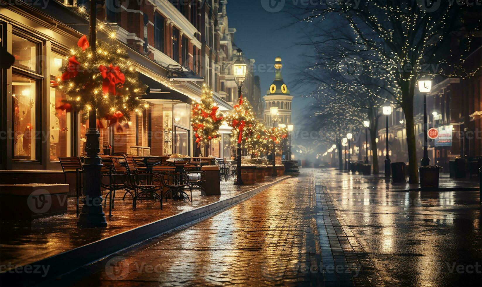 Stadt Straße eingetaucht im das zauberhaft glühen von festlich Beleuchtung auf ein Weihnachten Nacht. ai generiert foto