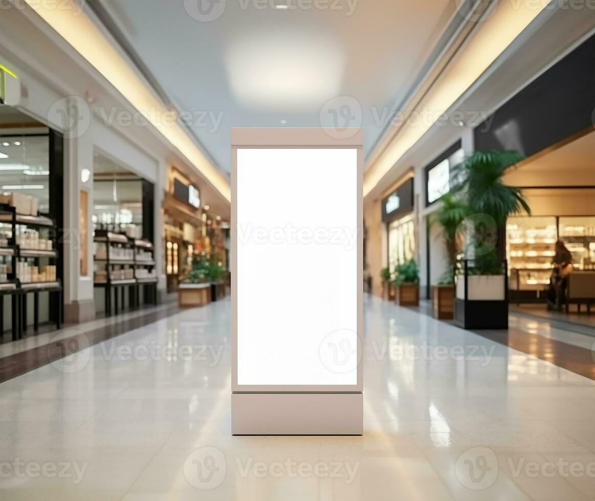 Attrappe, Lehrmodell, Simulation Poster Stand positioniert im ein Einkaufen Center oder Einkaufszentrum Umfeld. ai generiert foto