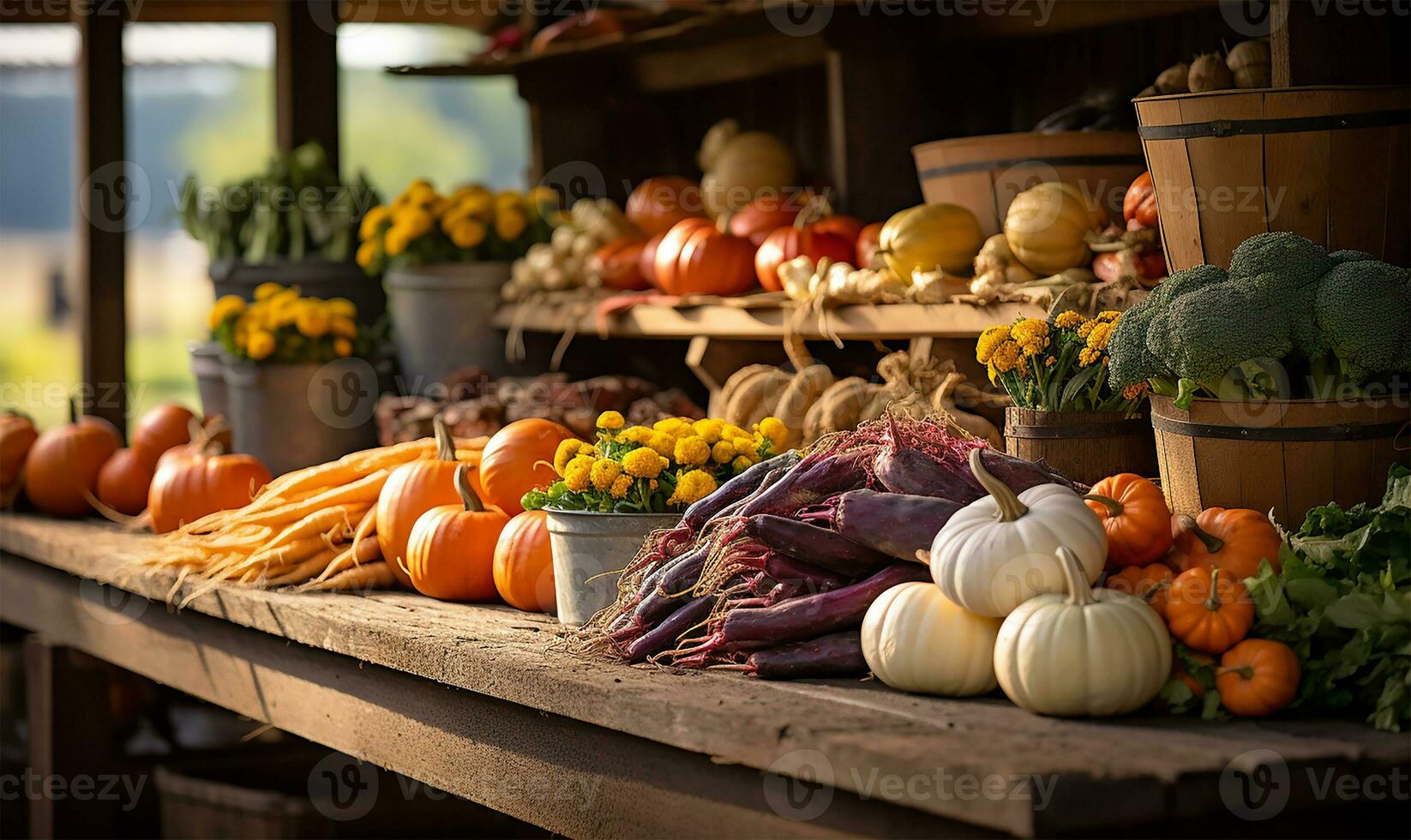 geschäftig fallen Bauern Markt randvoll mit ein bunt Array von Kürbisse und frisch herbstlich Gemüse. ai generiert foto