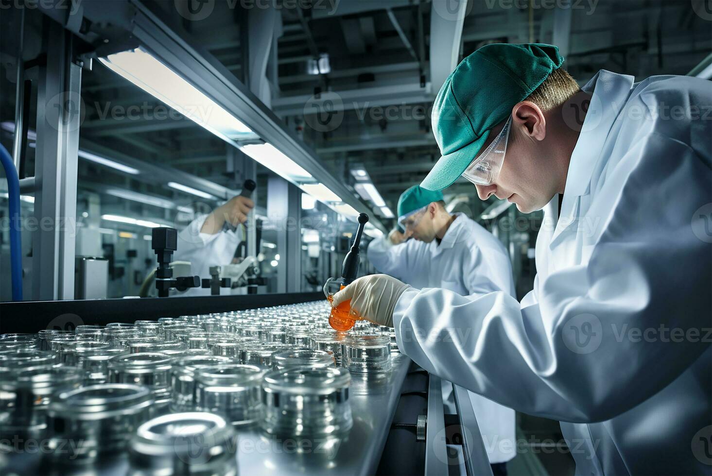 Mitarbeiter sorgfältig Überprüfung medizinisch Fläschchen wie Sie Bewegung entlang ein Produktion Linie im ein pharmazeutische Fabrik. ai generiert foto