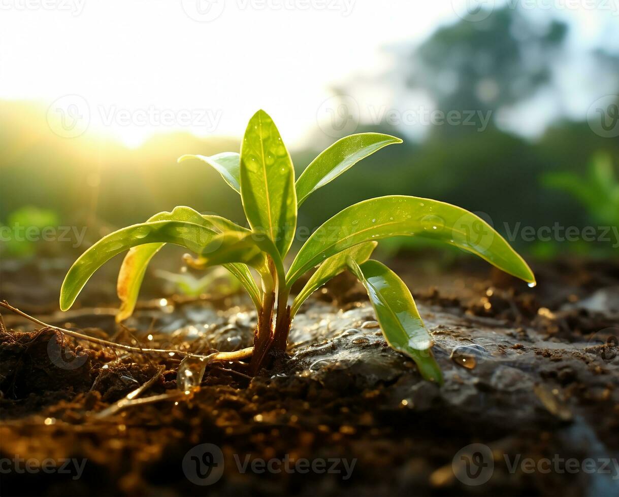 beschwingt Sämling, es ist zart Wurzeln verankert im das nährstoffreich Boden, mit es ist entstehend Blätter Streben gegenüber das sanft Umarmung von das Morgen Sonnenlicht. ai generiert foto