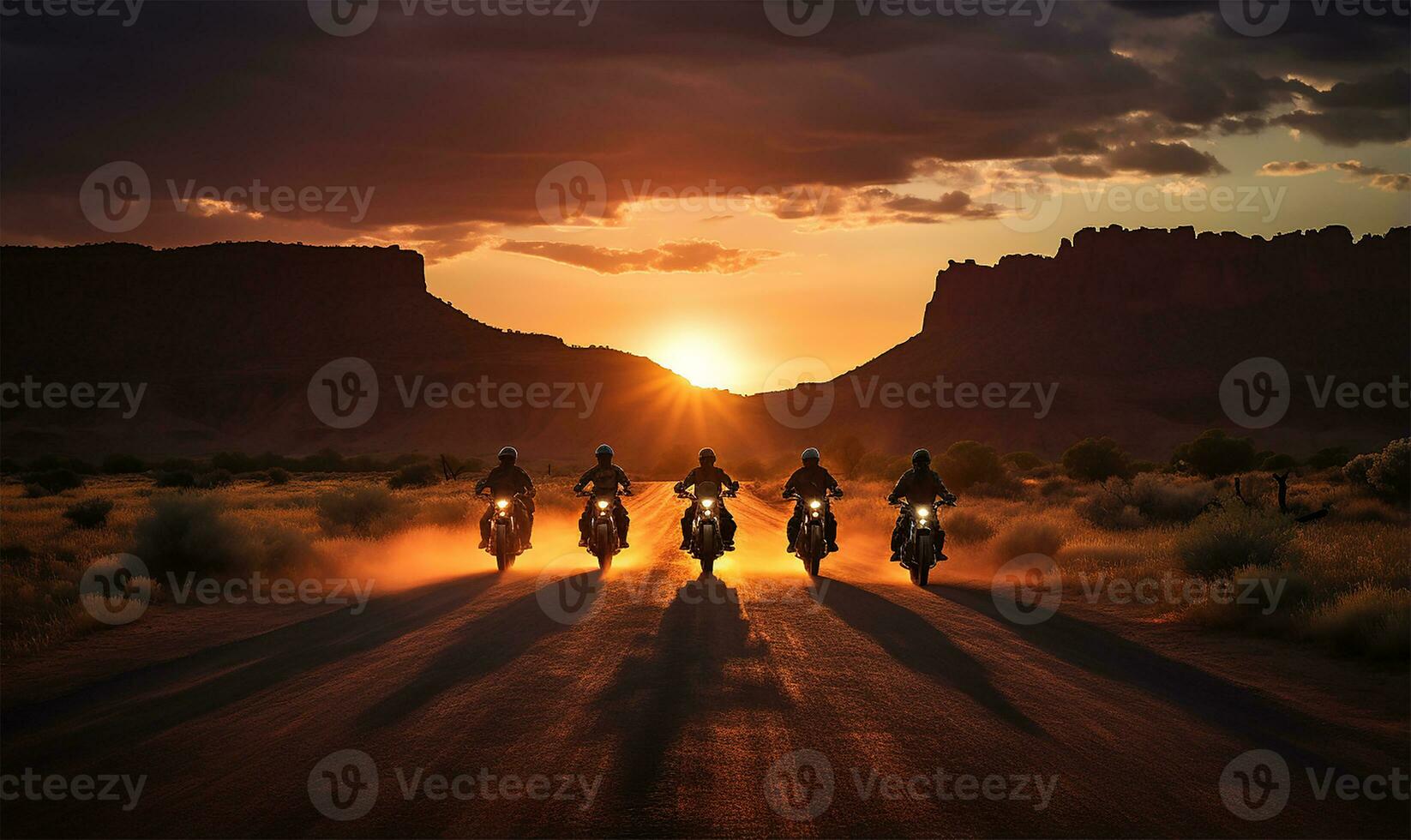 ein Gruppe von Motorrad Fahrer Kreuzfahrt zusammen auf ein Straße. ai generiert foto