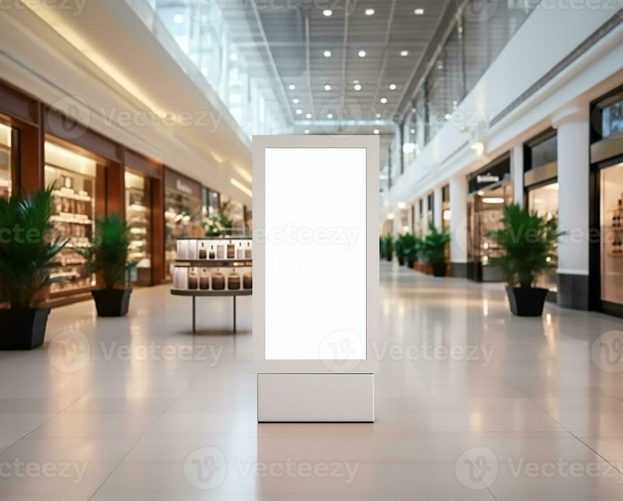 Attrappe, Lehrmodell, Simulation Poster Stand positioniert im ein Einkaufen Center oder Einkaufszentrum Umfeld. ai generiert foto