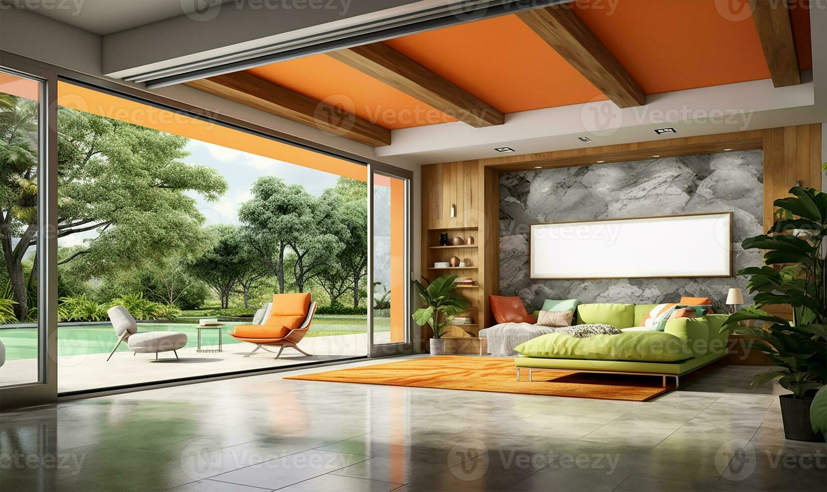 modern zeitgenössisch Dachgeschoss mit ein leeren Zimmer mit Marmor Böden, Grün und Orange Wände. ai generiert foto