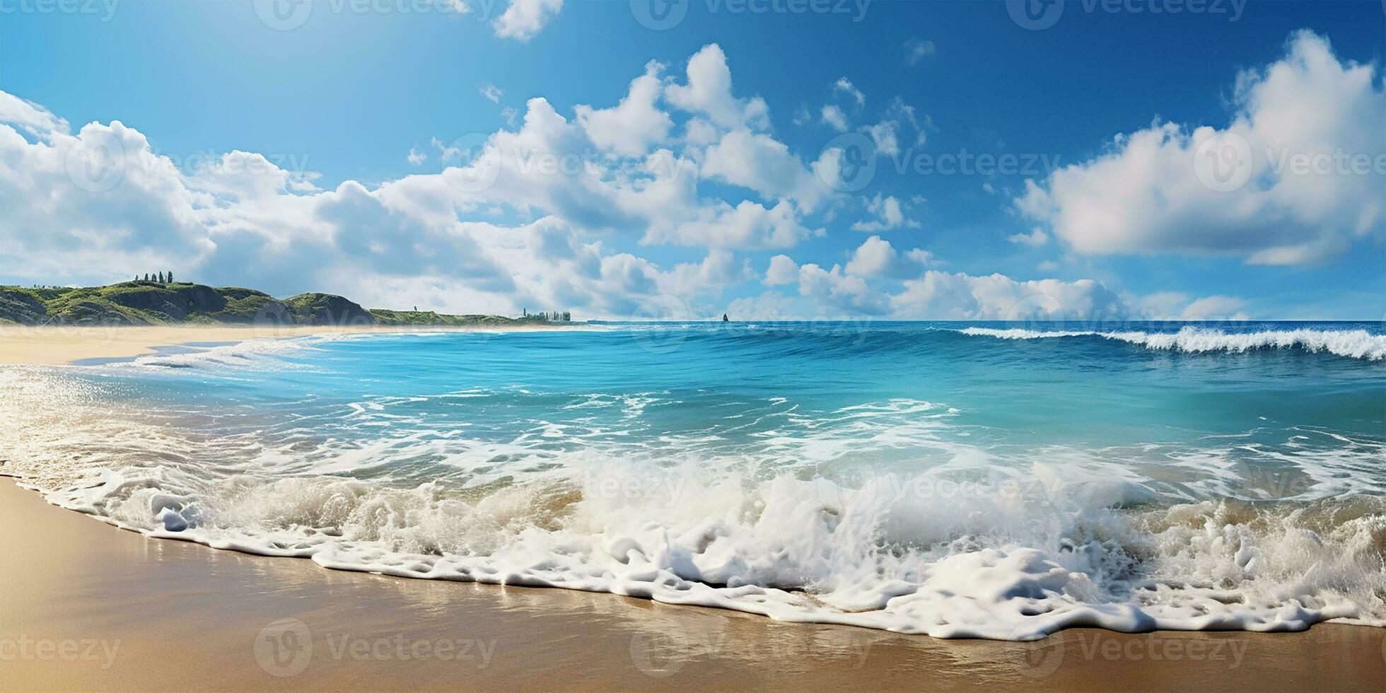sanft Wellen Läppen das sandig Ufer von ein heiter Strand. ai generiert foto