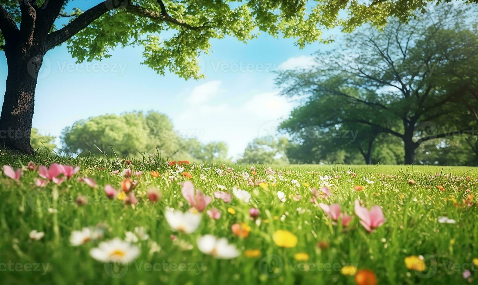 malerisch Frühling Lichtung mit Blühen Flora und Bäume einstellen gegen ein klar Blau Himmel. ai generiert foto