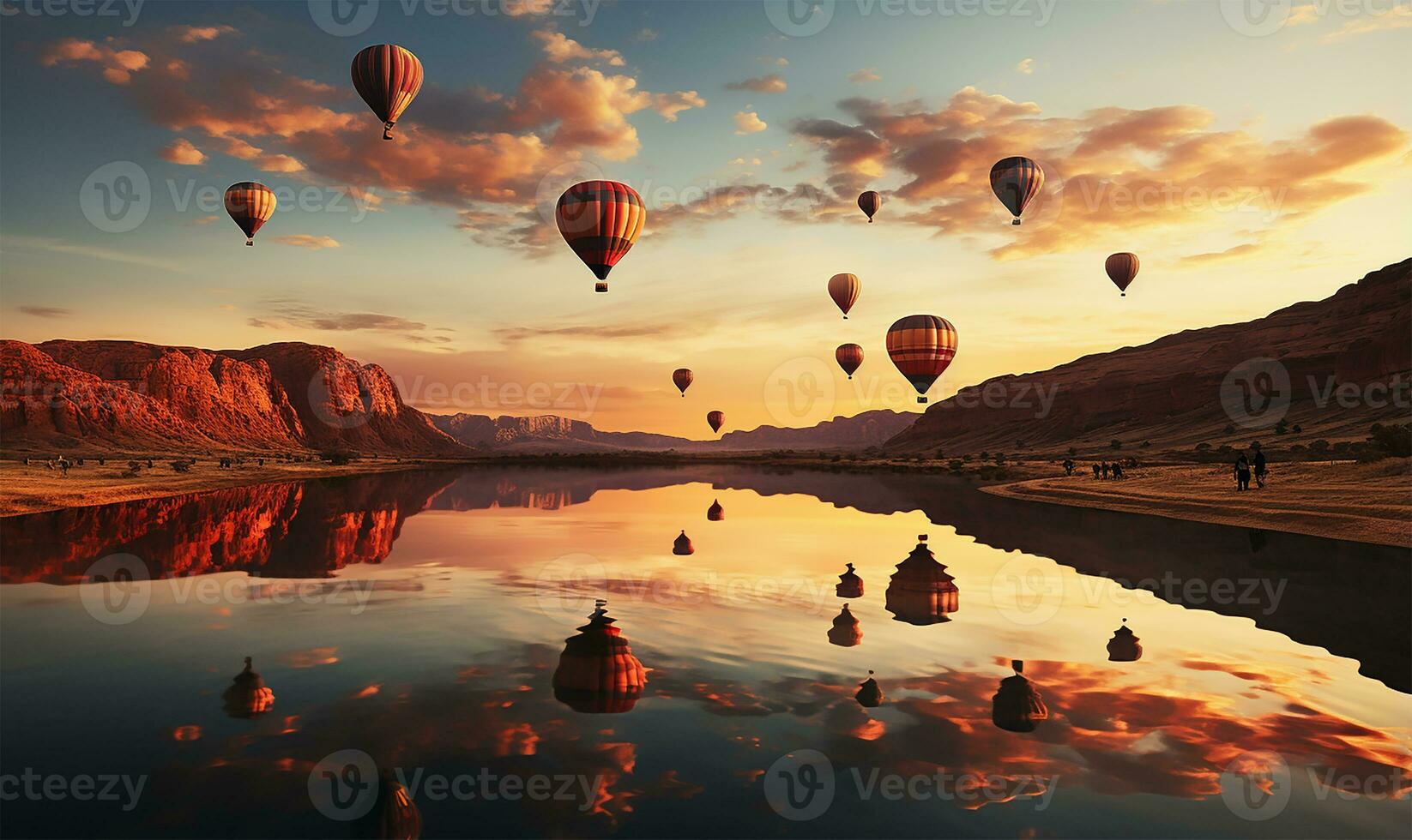 faszinierend Landschaft wo mehrere heiß Luft Luftballons anmutig steigen Über ein weitläufig Weite. ai generiert foto