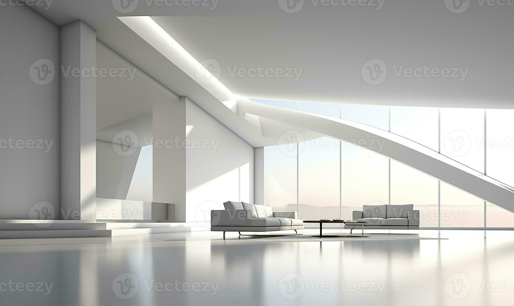 Weiß öffnen Raum Innere mit minimalistisch Design Elemente. ai generiert foto