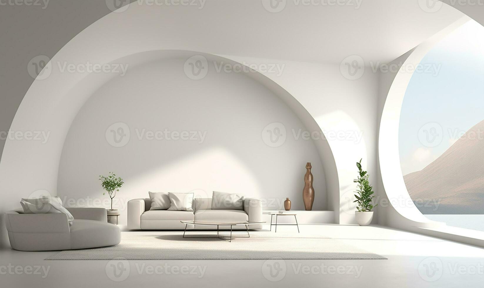 Weiß öffnen Raum Innere mit minimalistisch Design Elemente. ai generiert foto