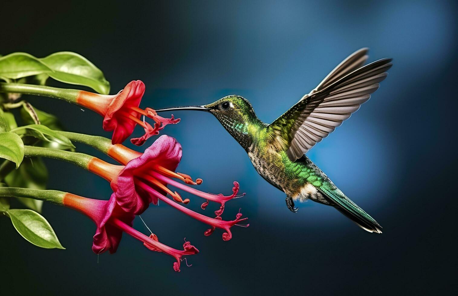 Kolibri Vogel fliegend Nächster zu ein schön rot Blume mit Regen. ai generiert foto