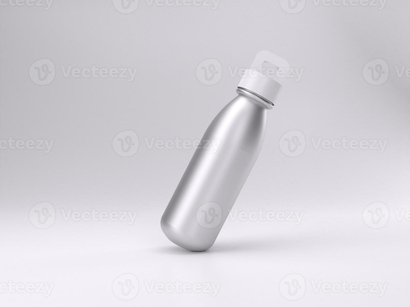 3d machen leeren Weiß Metall Flasche Attrappe, Lehrmodell, Simulation Vorlage Foto mit Weiß Hintergrund Seite Winkel Sicht.