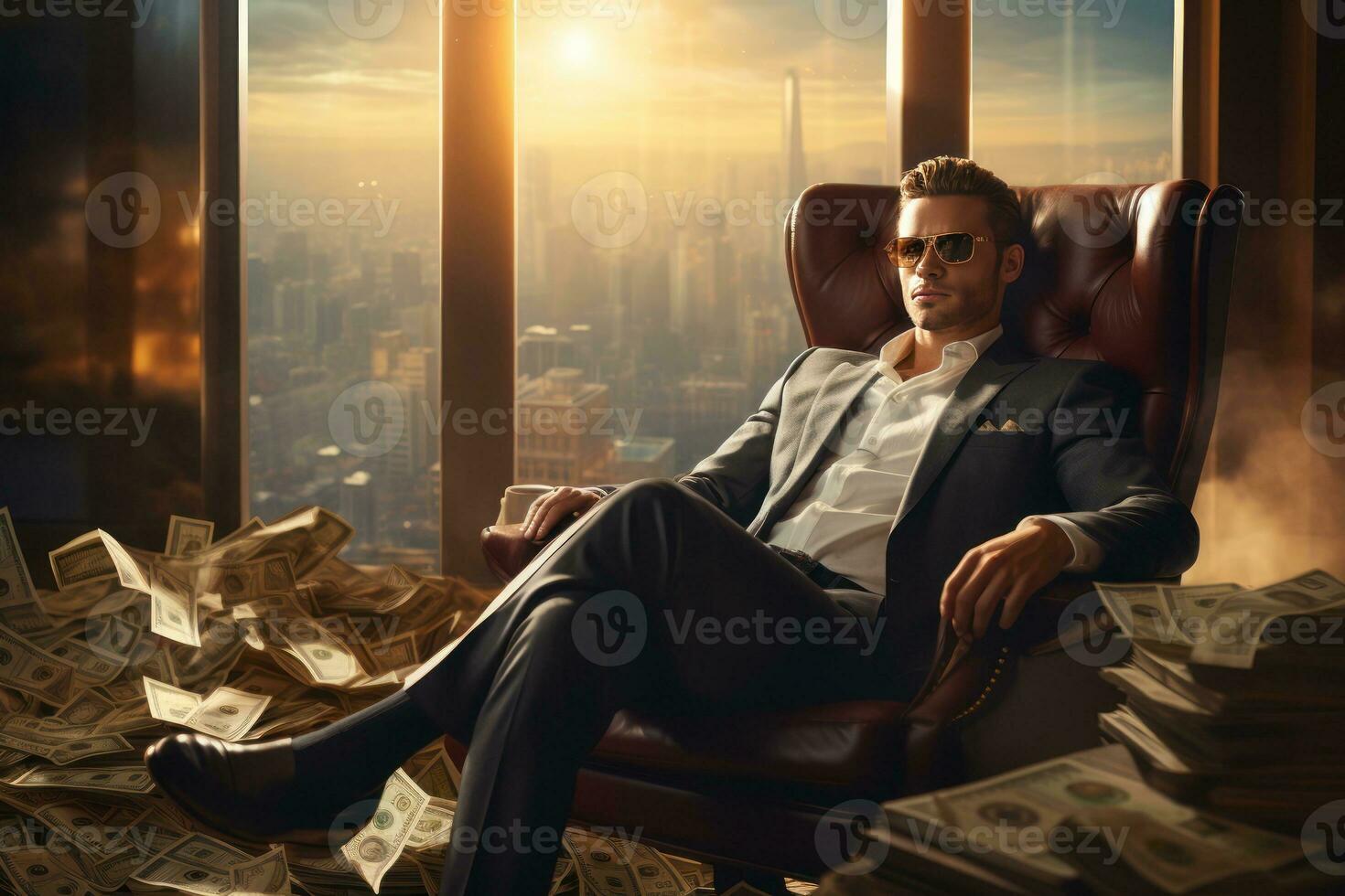 Reich Mann Stehen im seine Büro mit Tonnen von Geld - - generativ ai foto