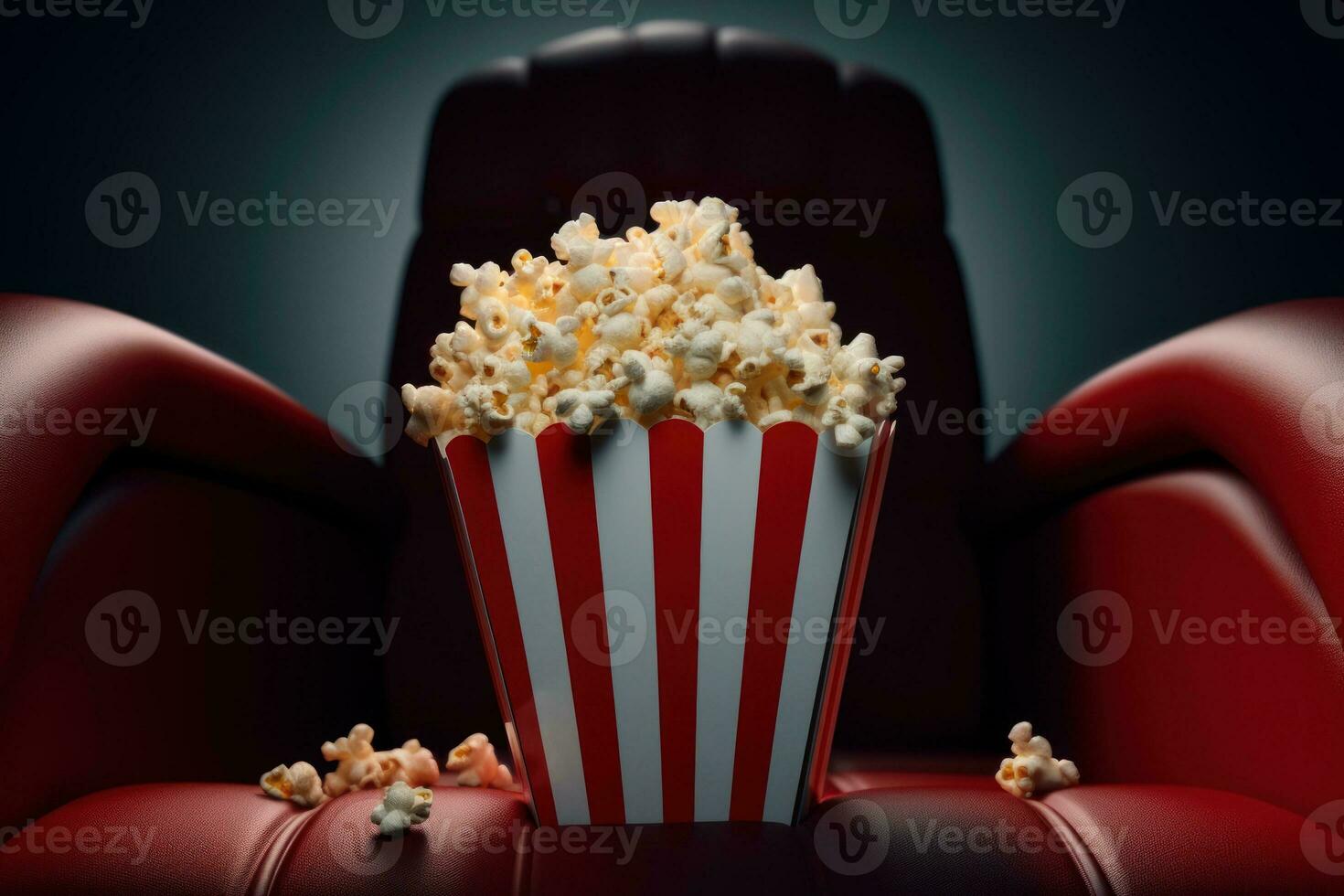 schließen oben auf ein rot und Weiß gestreift Popcorn Tasse im ein Film Theater. generativ ai foto