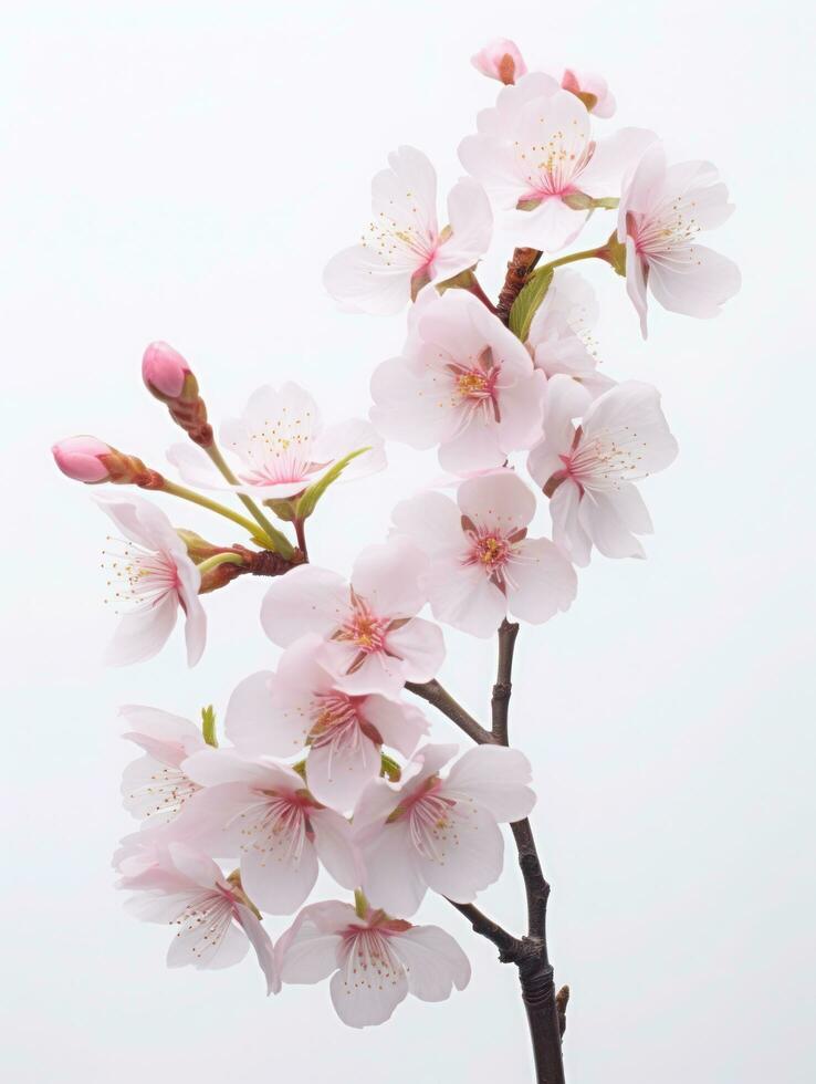 Rosa Kirsche Blüten, rosa Sakura, wunderschön Kirsche Blüten Weiß Hintergrund. Kirsche Blüten sind schön und erfreulich zu das Auge. macht Sie Gefühl entspannt mögen du bist im Natur. generativ ai foto