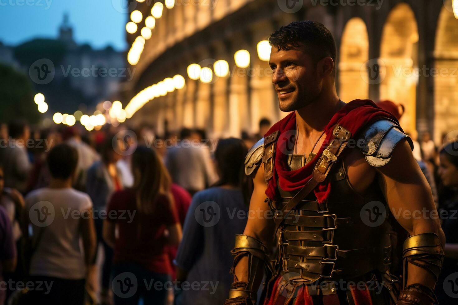 ein Straße Künstler gekleidet wie ein römisch Gladiator ein Foto von ein Läufer Sprinten durch ein Stadt Park ai generativ