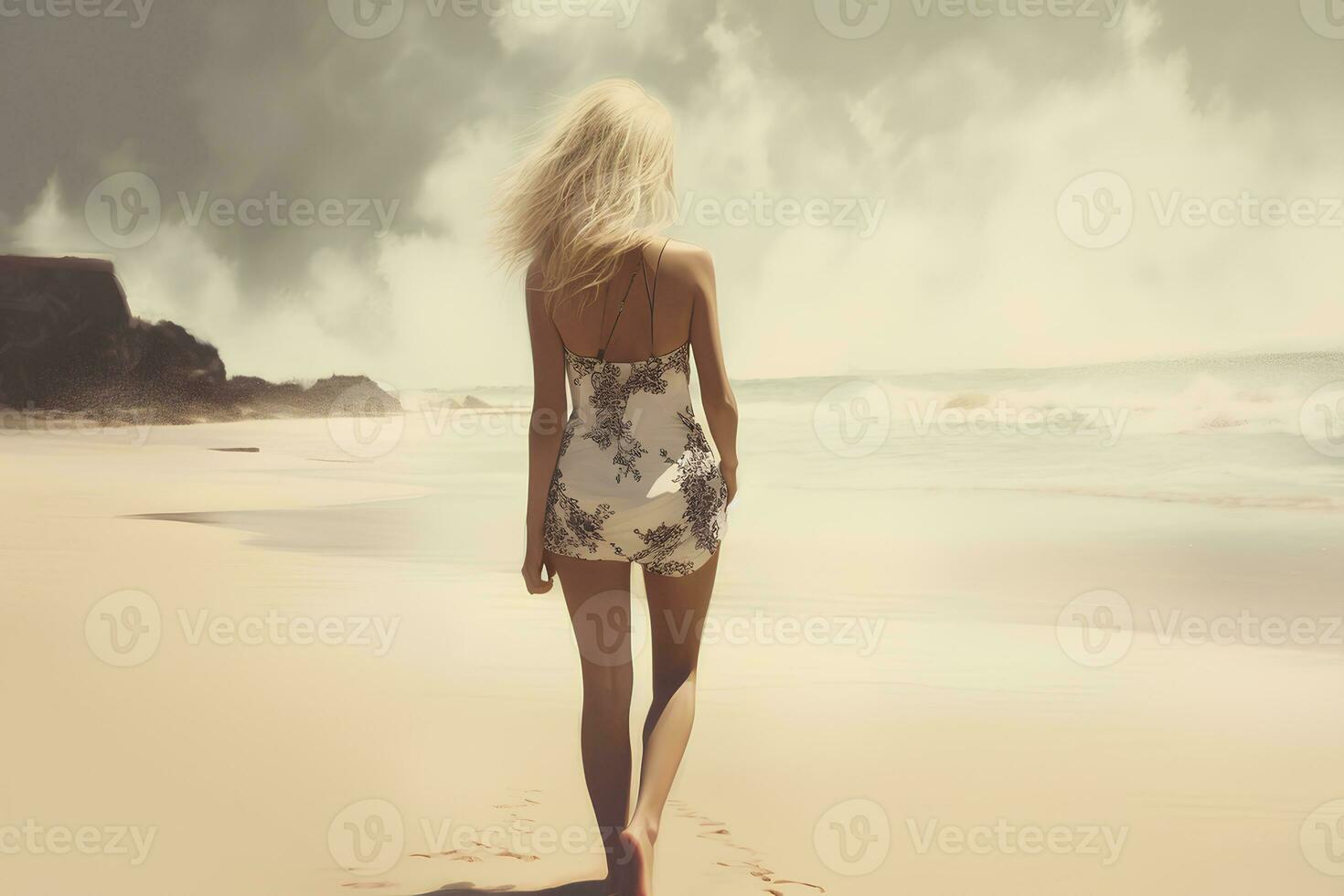 Frau Gehen auf das Strand Rückseite Sicht. fotorealistisch Bild. ai generiert. foto