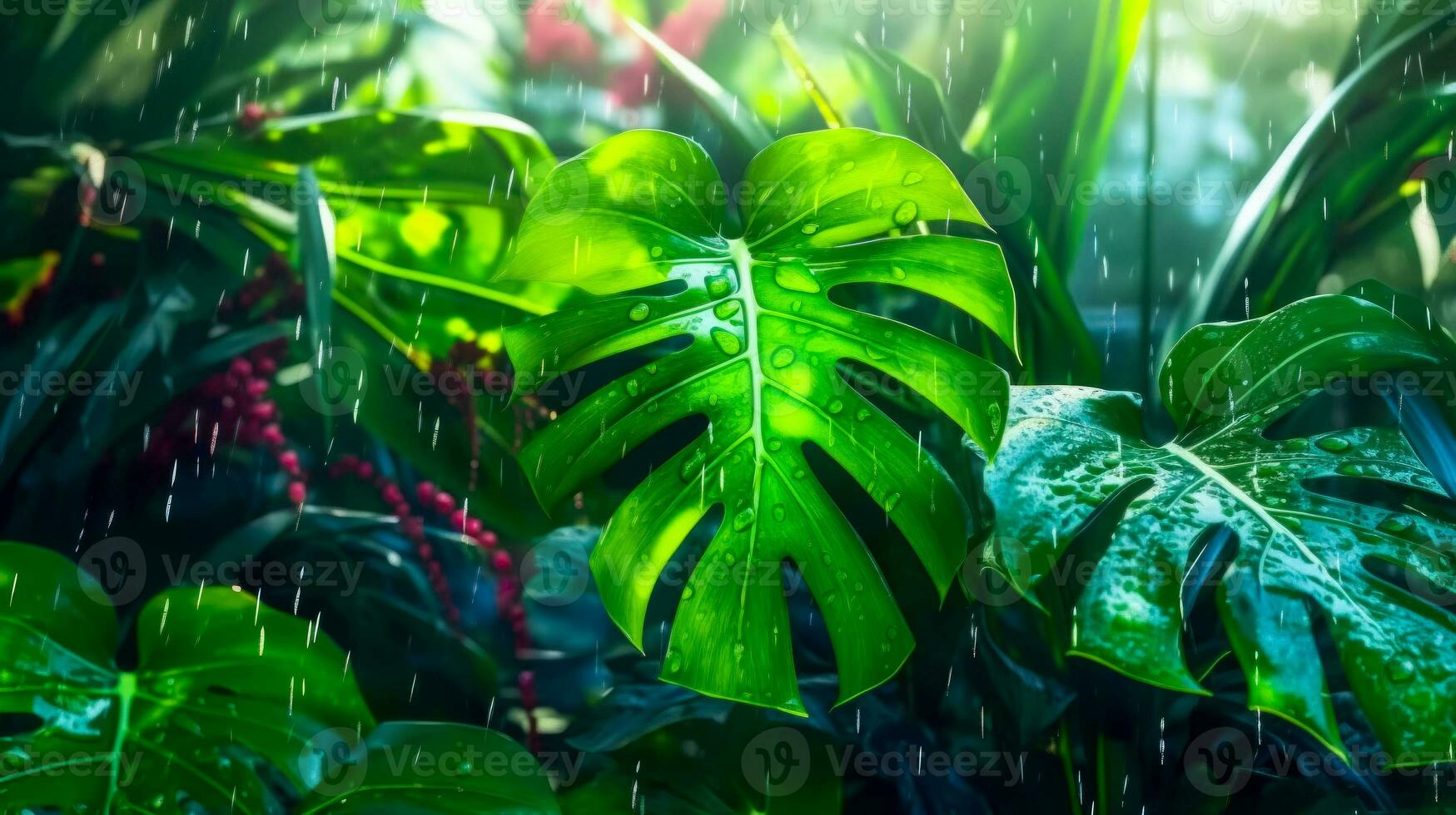 Hintergrund von Monstera Blätter im das Regen, Hintergrund Idee zum Innere oder Abdeckung. ai generiert foto