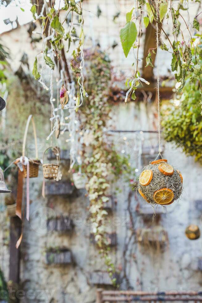 natürlich Dekoration gemacht von trocken Orange Scheiben auf Weihnachten Baum. DIY Weihnachten Essen Dekoration. Umfeld, recyceln, Wiederverwendung und Null Abfall Konzept. selektiv Fokus, schließen oben foto