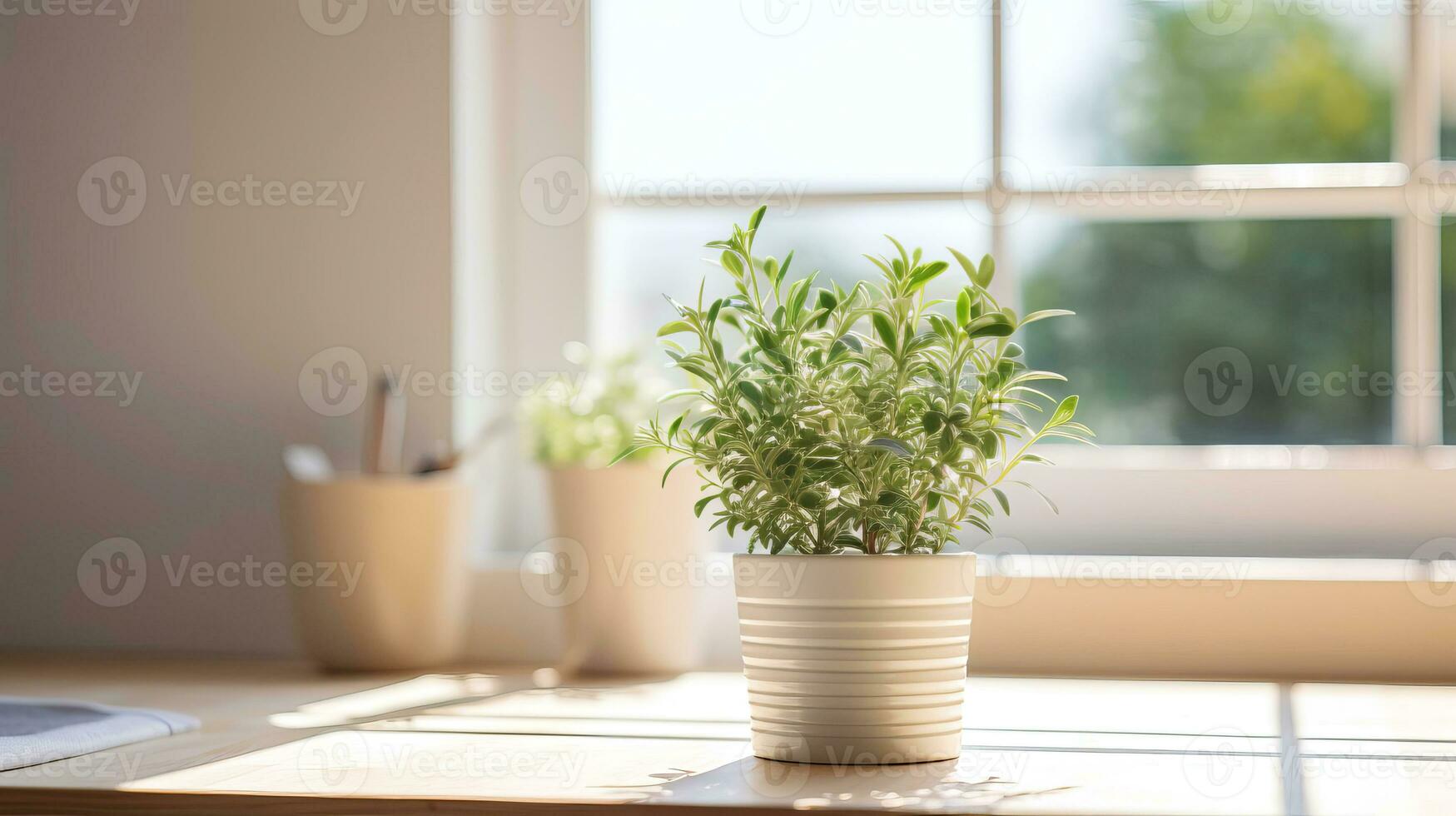 Zimmerpflanze, Küche Kräuter im ein Blume Topf im ein modern Küche. ai generiert foto