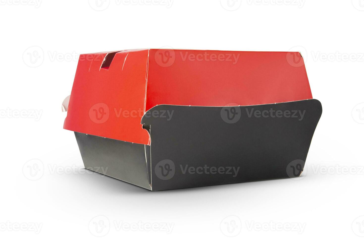leer geschlossen rot und schwarz Kunst Burger Box isoliert auf Weiß Hintergrund foto