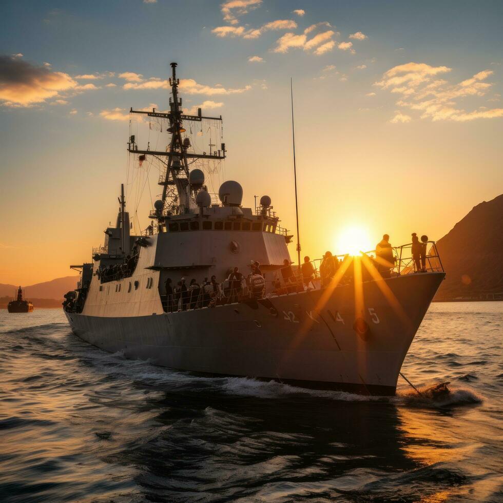 Sonnenuntergang Über ein Marine Schiff auf das öffnen Meer foto