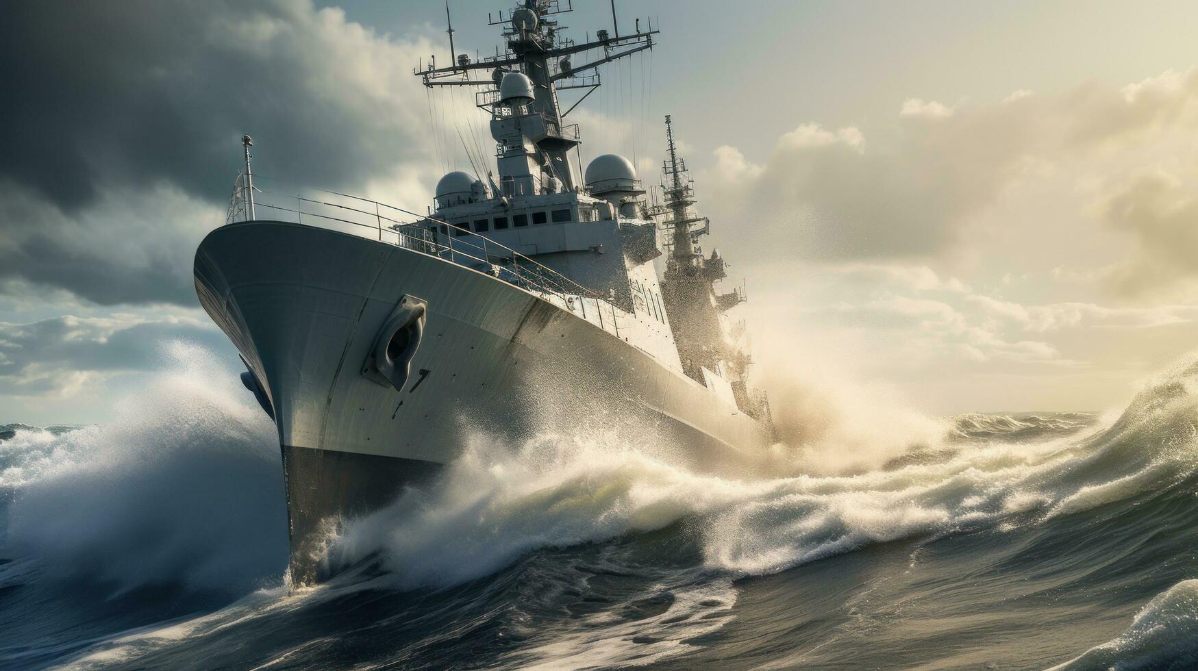 Kriegsschiff Segeln durch Rau Wasser foto