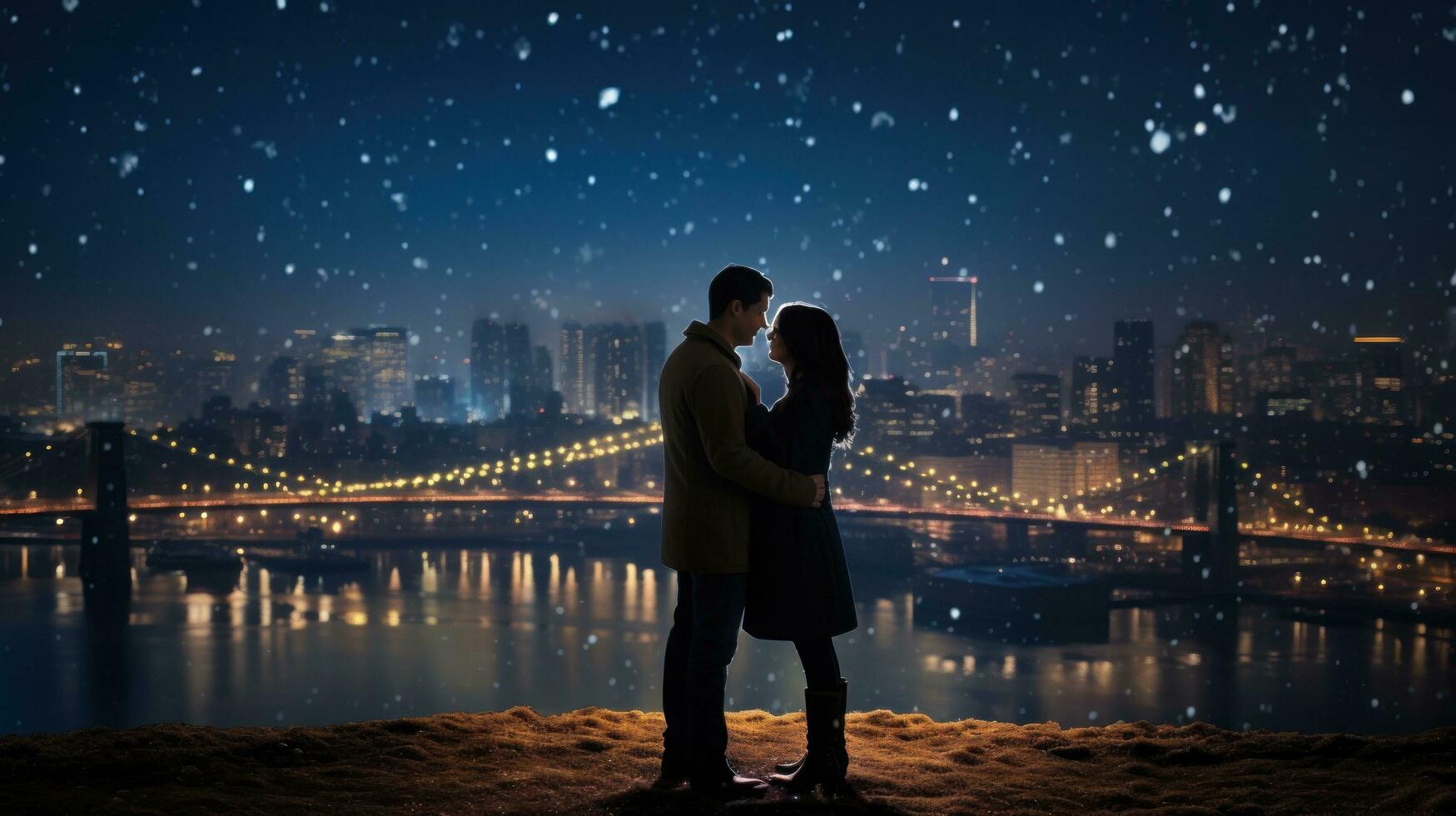 ein romantisch Szene mit ein Paar gegen ein Nacht Stadt Hintergrund. foto