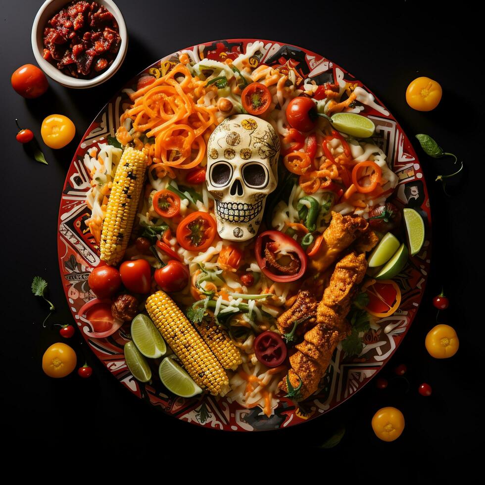 Teller von Essen Angebote Mexikaner dia de Muertos Tag von das tot Aquarell Muster, ai generiert foto