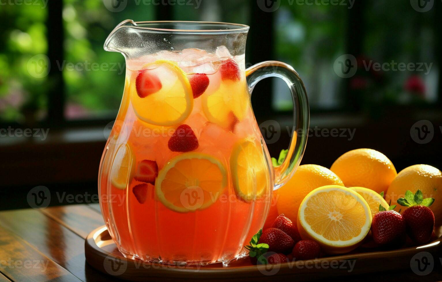 orange, Kalk, und Champagner Obst schlagen auf Eis Obst schlagen im Karaffe. ai generativ foto
