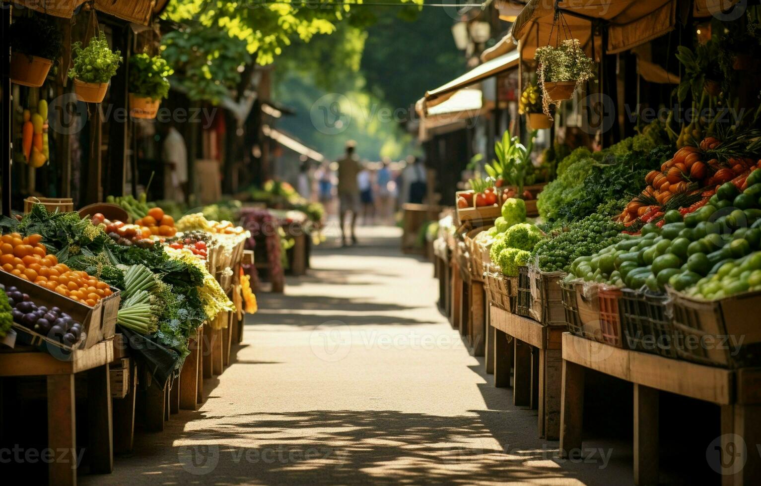 das Straße von organisch Essen Märkte. Marktplatz Stände Verkauf Früchte und Gemüse. ai generativ foto