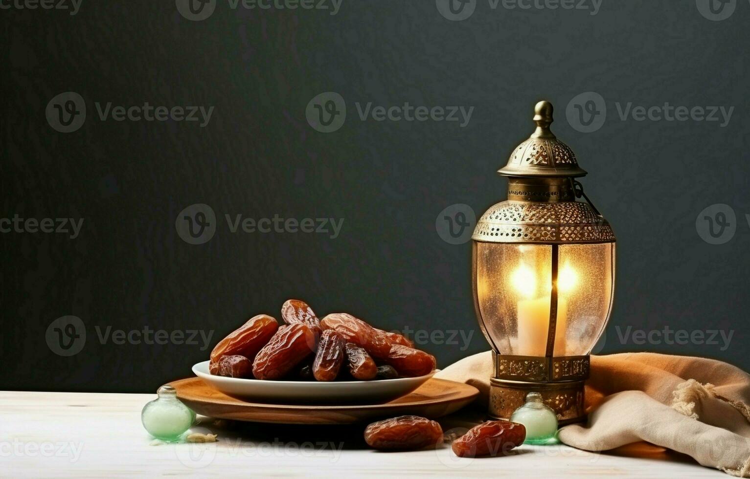 Tischplatte Bild von Ramadan kareem Dekoration, Termine Frucht, Aladdin Lampe, und Rosenkranz Perlen auf dunkel Stein Hintergrund. Kopieren Raum im ein eben legen. ai generativ foto